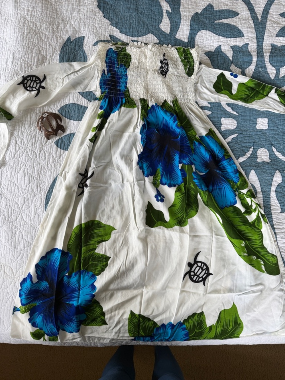 White Smocked Maxi Dress with Blue Floral Print